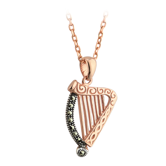 Product image for Irish Necklace - 18k Rose Gold on Silver Marcasite Harp Pendant with Chain