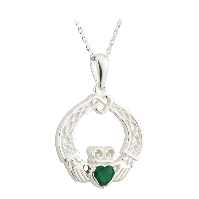 Product image for Irish Necklace - Sterling Silver and Crystal Celtic Weave Claddagh Pendant