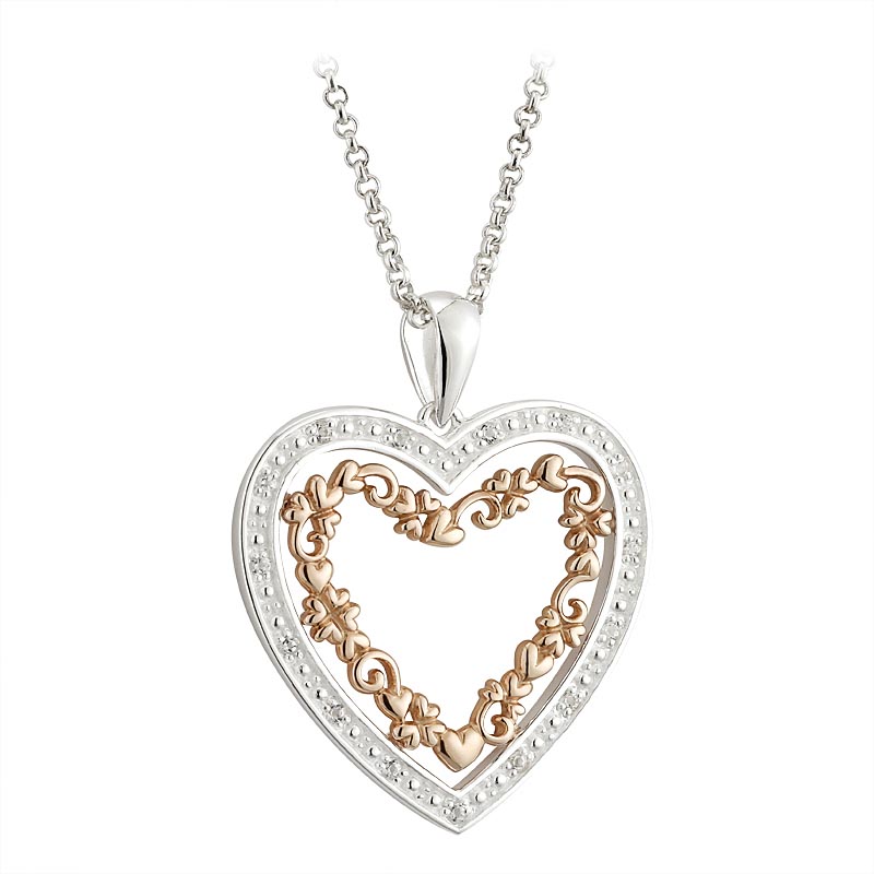 Product image for Irish Valentines Day Jewelry - Sterling Silver and 18k Rose Gold Plate Heart Pendant with Crystals