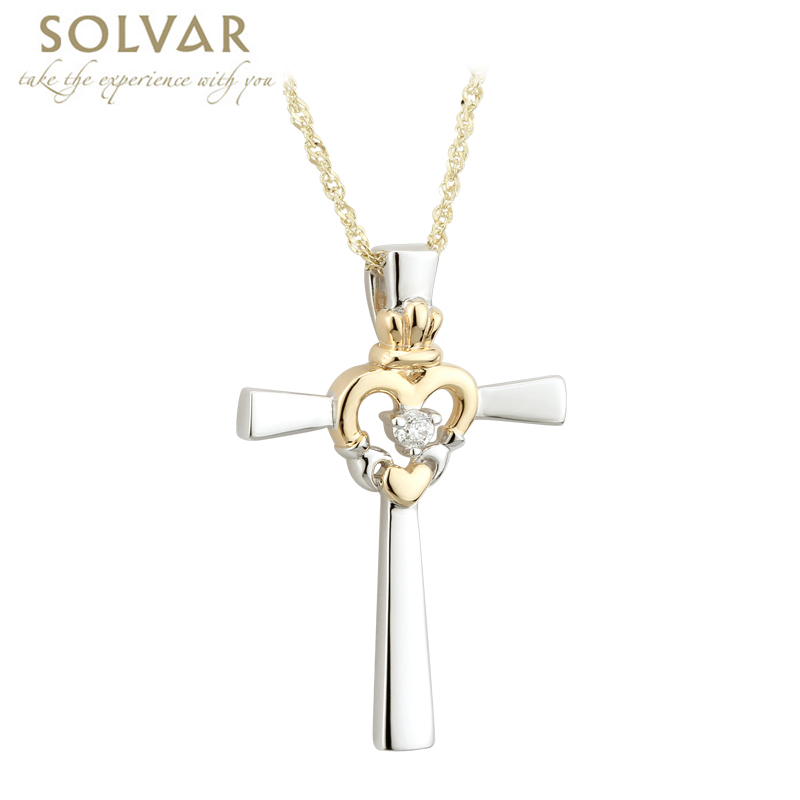 Product image for Celtic Cross - Claddagh Heart 14k Two Tone Gold Diamond Celtic Cross Necklace