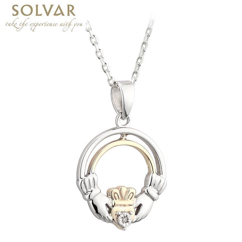 Product image for Claddagh Necklace - Silver, 10k Gold & Diamond Claddagh Pendant