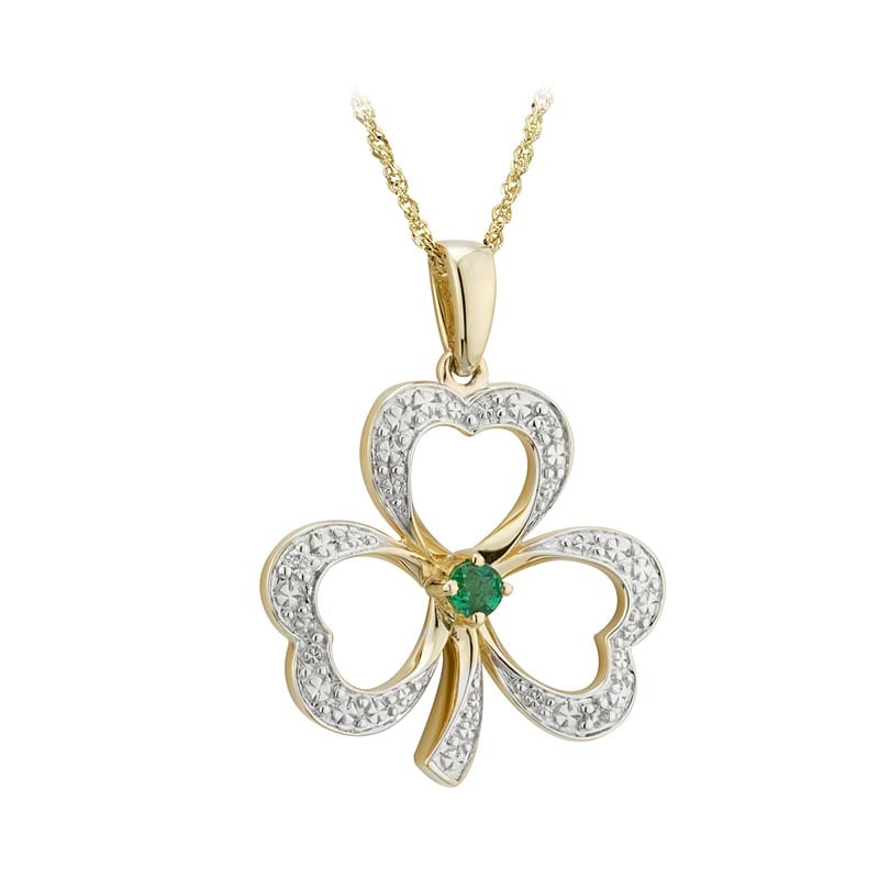 Product image for Shamrock Necklace - 14k Gold with Diamonds and Emerald Open Shamrock Pendant