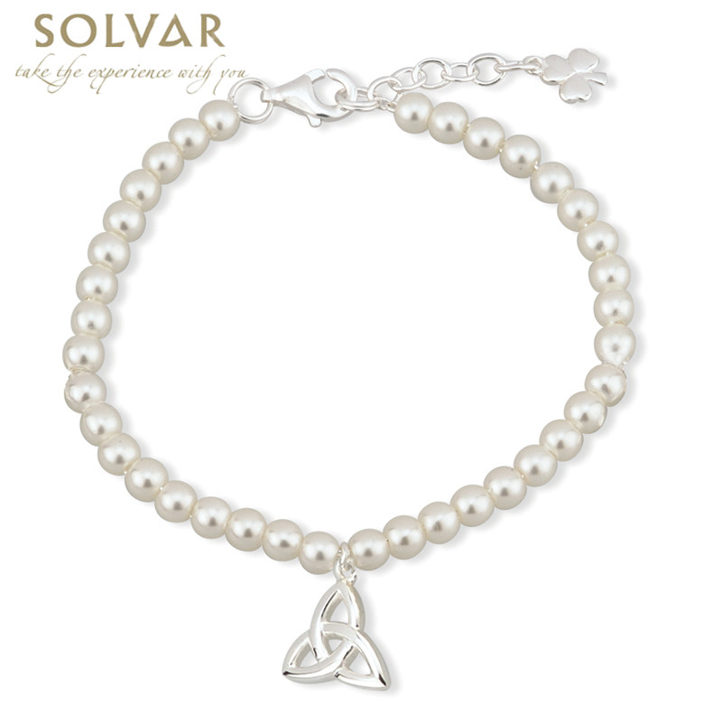 Product image for First Communion Pearl Bracelet - Silver Plated with Trinity Knot and Shamrock Charms
