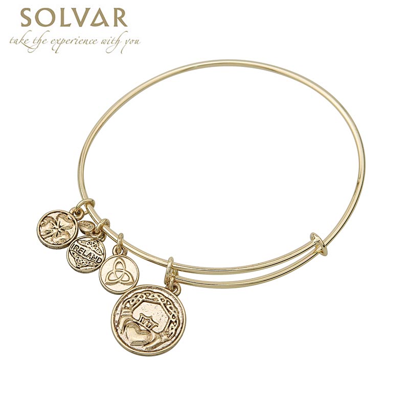Product image for Irish Bracelet - Gold Tone Claddagh Charm Irish Symbols Expandable Bangle