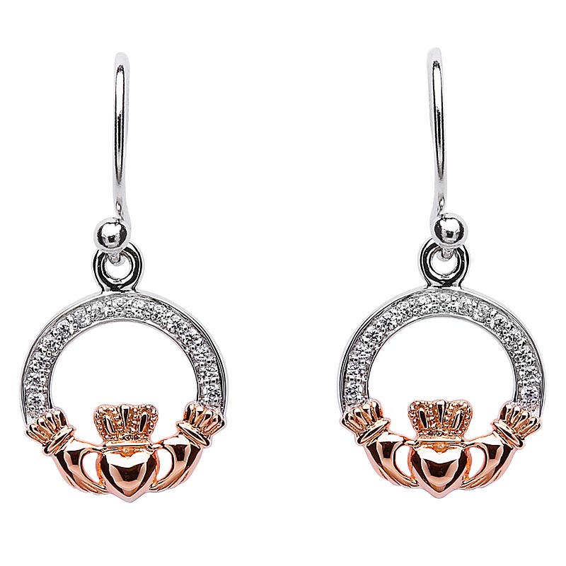 Product image for Claddagh Earrings - Sterling Silver Claddagh Stone Set Rose Gold Plated Earrings
