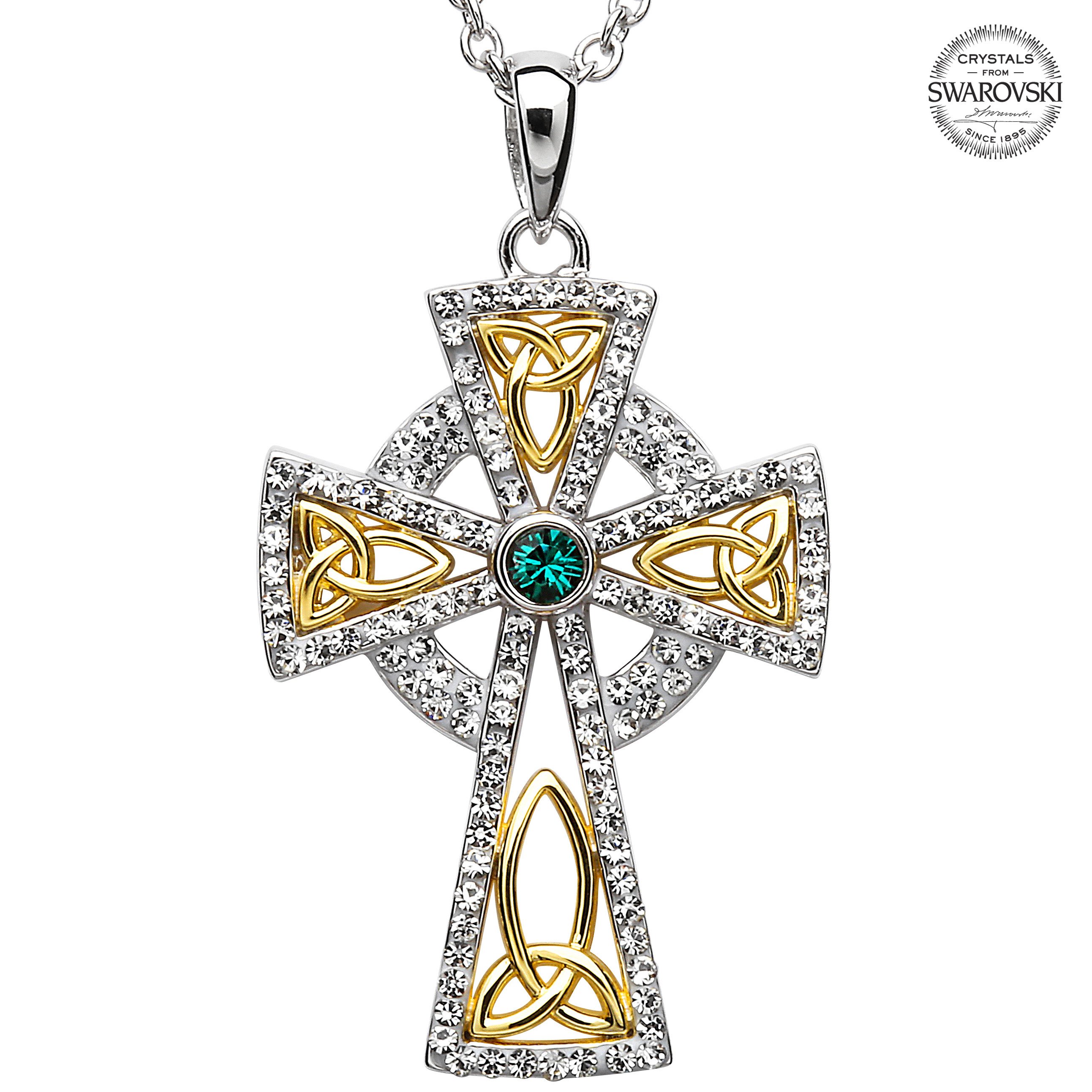 Product image for Celtic Cross Necklace - Sterling Silver and Gold Plated Trinity Gold Plated Cross Embellished with Emerald Swarovski Crystals