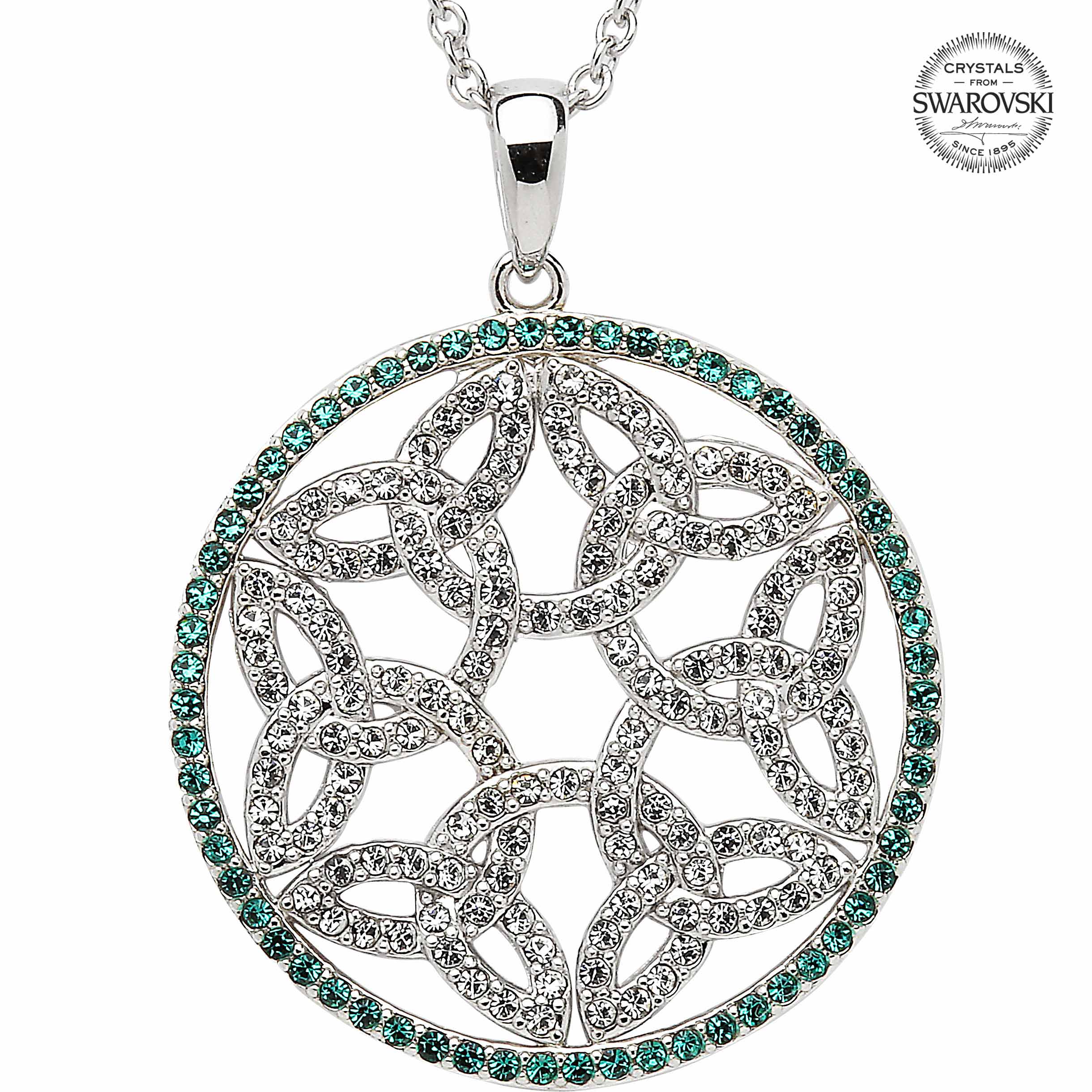 Product image for Trinity Knot Necklace - Sterling Silver Trinity Knot Circle Pendant Encrusted with Emerald Swarovski Crystals