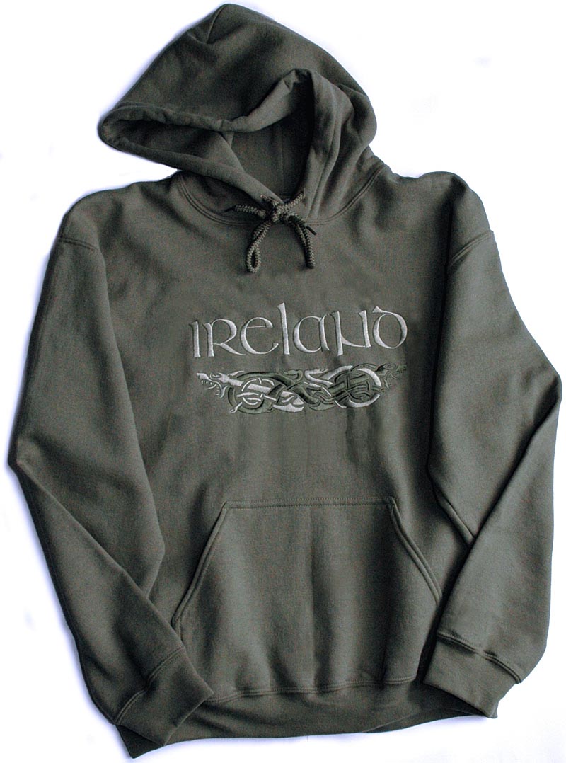 Product image for Irish Sweatshirt - Olive Green Ireland with Celtic Dragons Hooded Sweatshirt