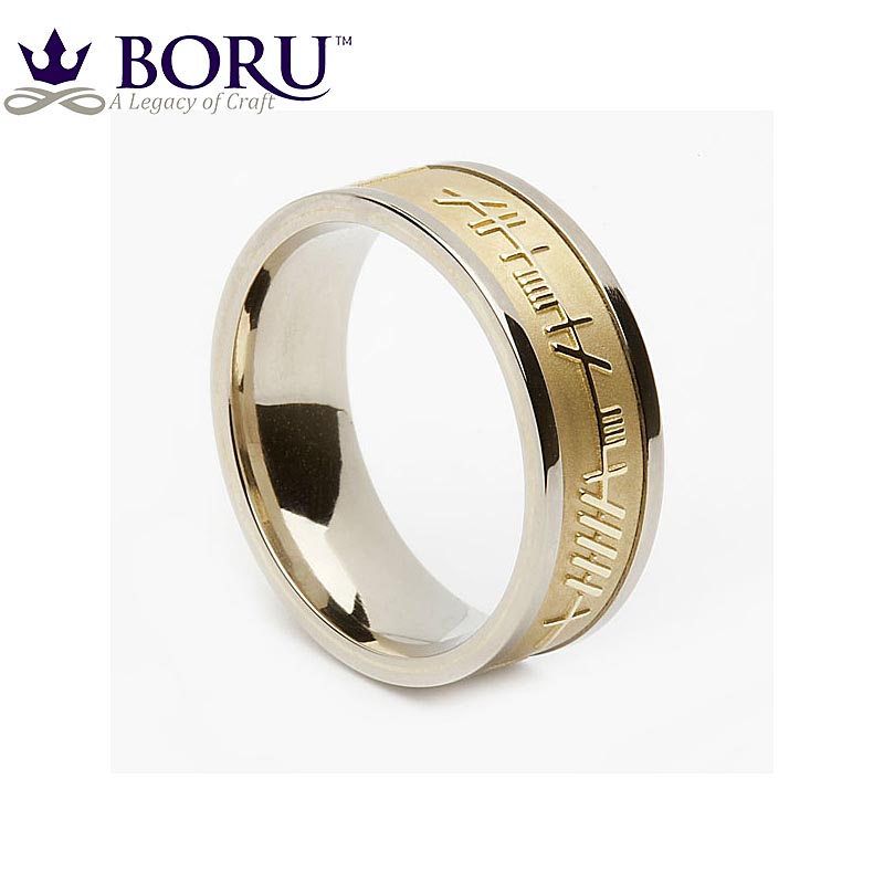 Product image for Irish Ring - Ladies Sterling Silver with 10k Yellow Gold Ogham Mo Anam Cara 'My Soul Mate' Irish Wedding Band