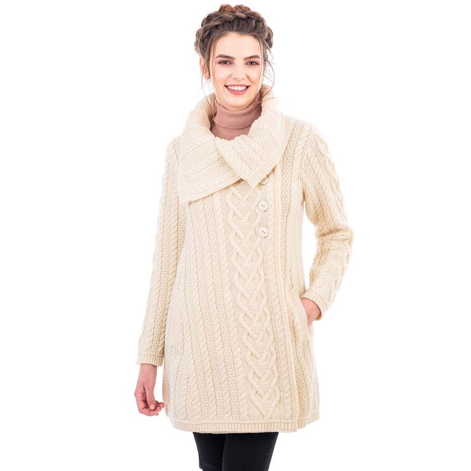 Product image for SALE | Irish Coat | Merino Wool Classic Aran Cable Knit Ladies Coat