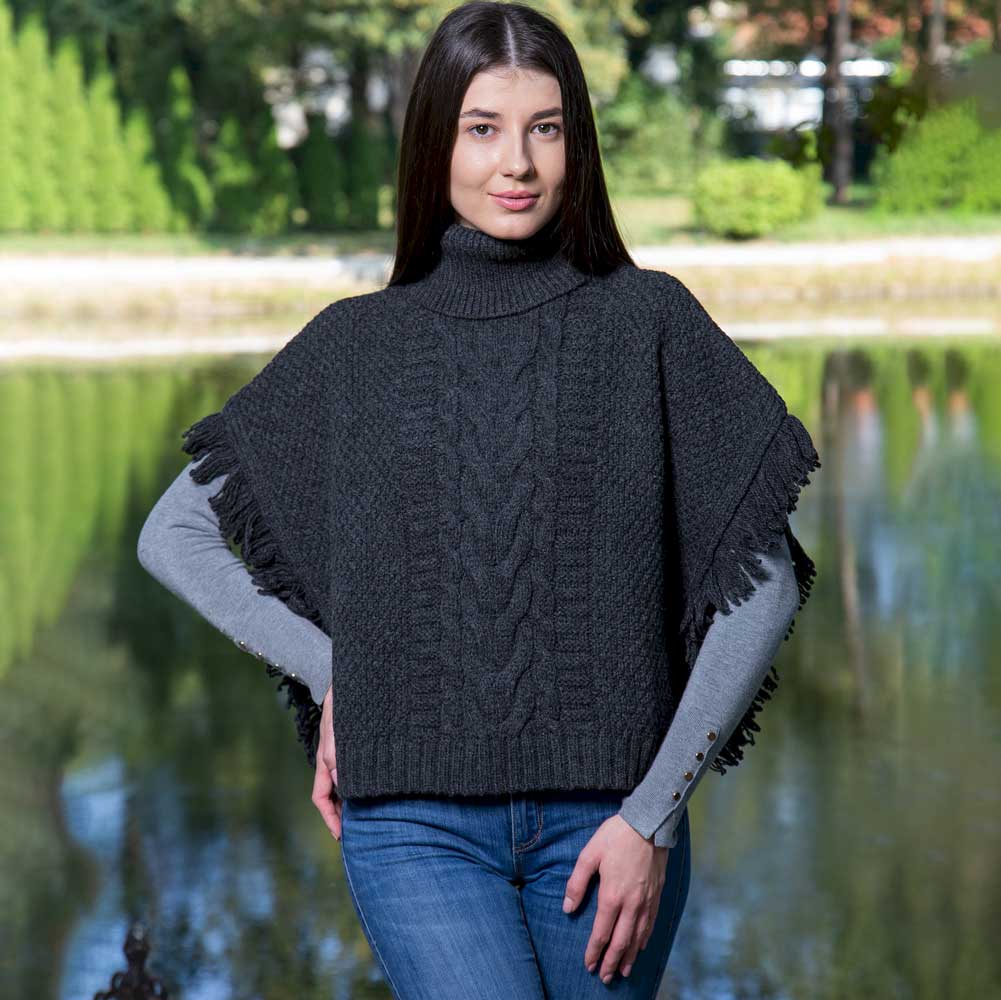 Product image for Irish Shawl | Merino Wool Aran Knit Cowl Neck Ladies Poncho