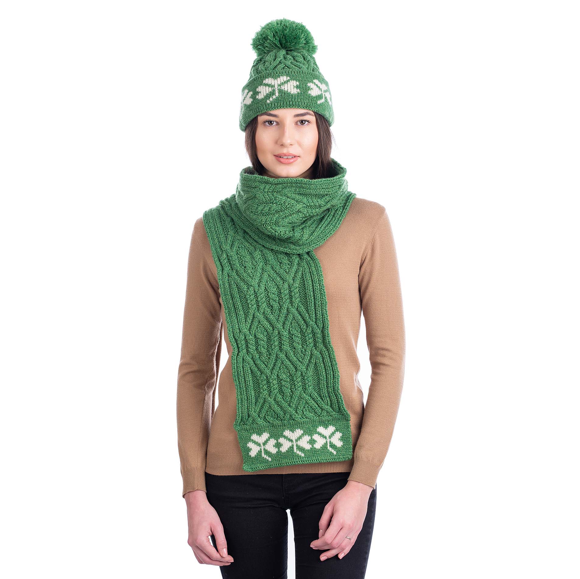 Product image for Irish Scarf | Celtic Tree of Life Merino Shamrock Aran Knit Ladies Scarf 