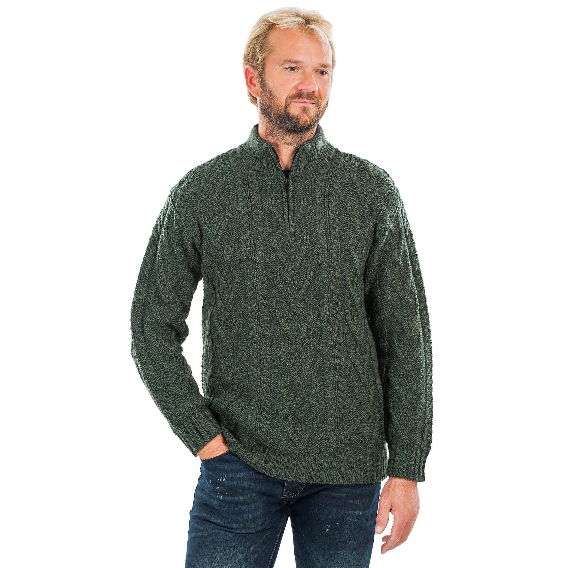 Product image for Irish Sweater | Merino Wool Aran Knit Zip Neck Fisherman Mens Sweater