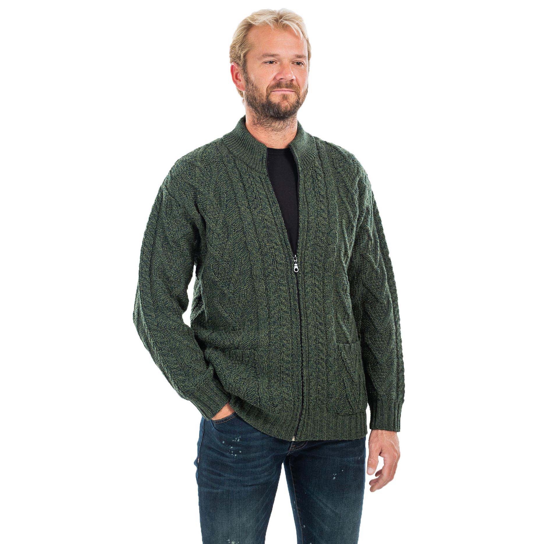 Product image for Irish Cardigan | Merino Wool Aran Knit Mens Zip Cardigan