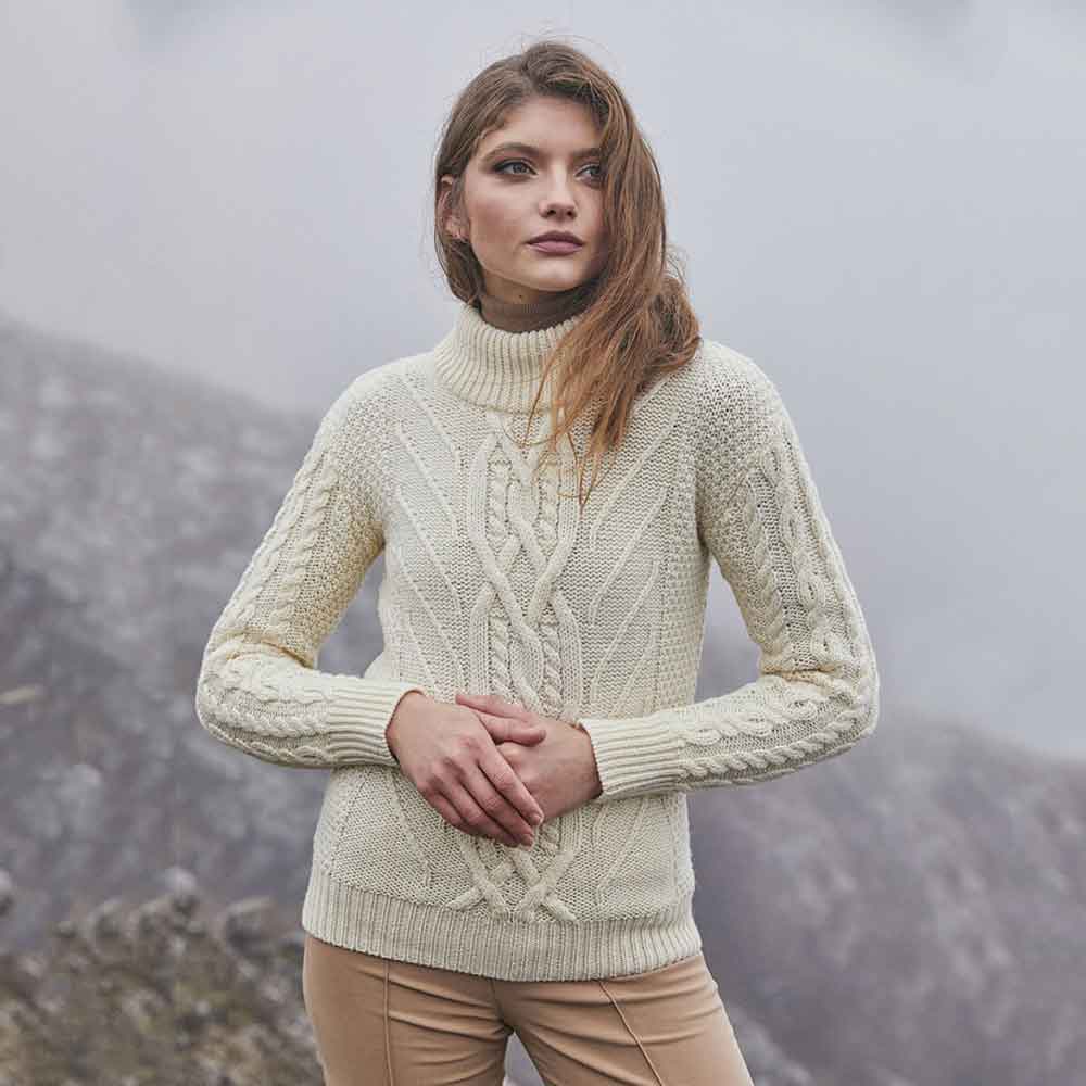 Product image for Irish Sweater | Merino Wool Turtle Neck Aran Ladies Sweater
