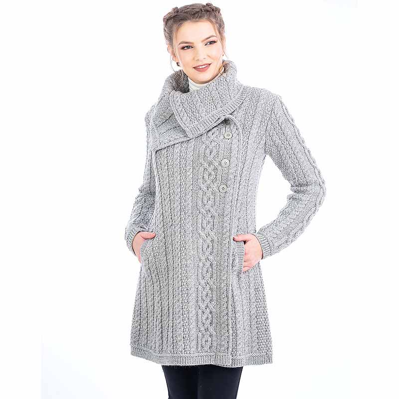 Product image for Irish Coat | Aran Knit 4 Button Collar Ladies Coat