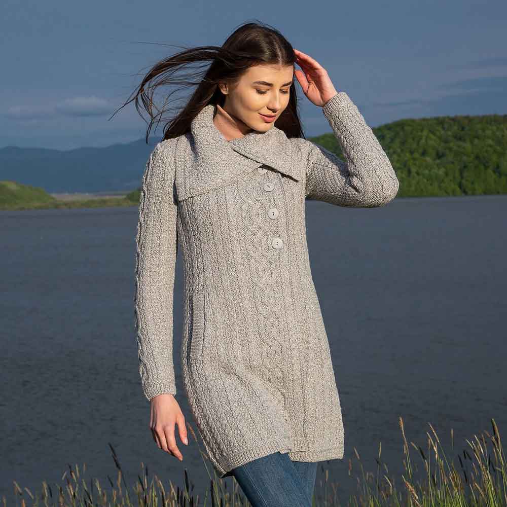 Product image for Irish Coat | Aran Knit 4 Button Collar Ladies Coat