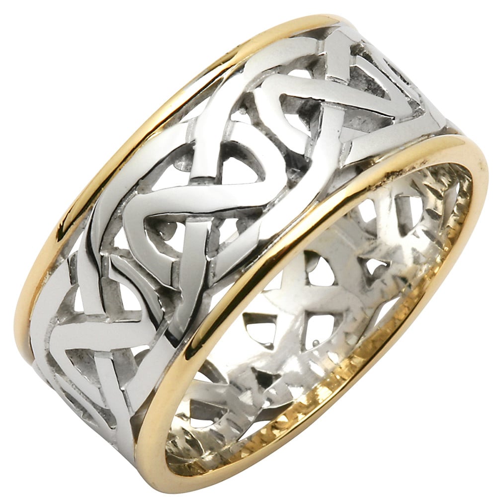 Product image for Irish Wedding Ring - Ladies Celtic Knot Wide Pierced Sheelin Wedding Band with Yellow Gold Rims