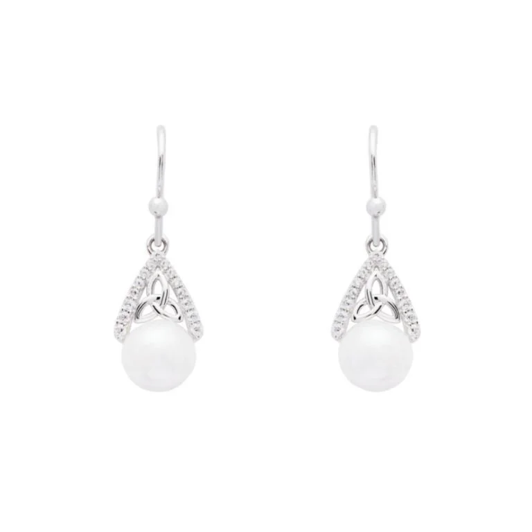 Product image for Irish Earrings | Sterling Silver CZ Trinity Knot Pearl Earrings