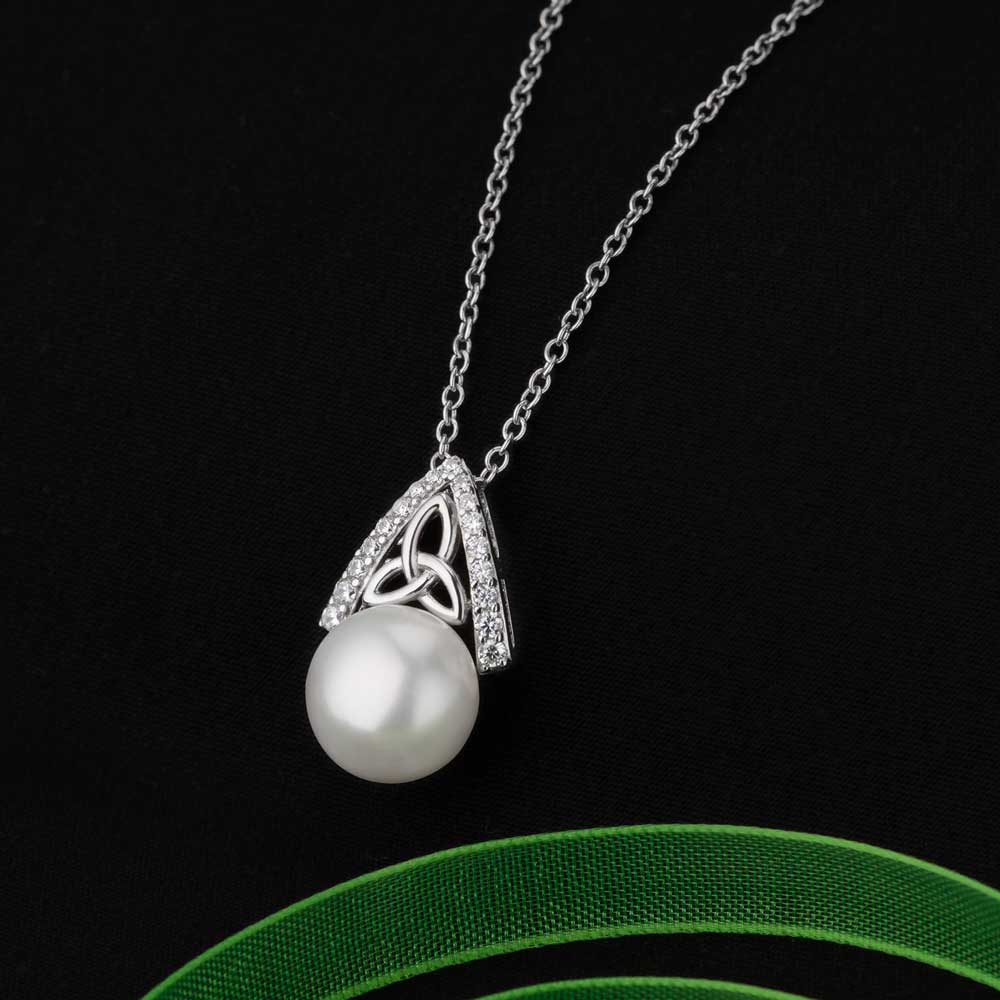 Product image for Irish Necklace | Sterling Silver CZ Trinity Knot Pearl Pendant