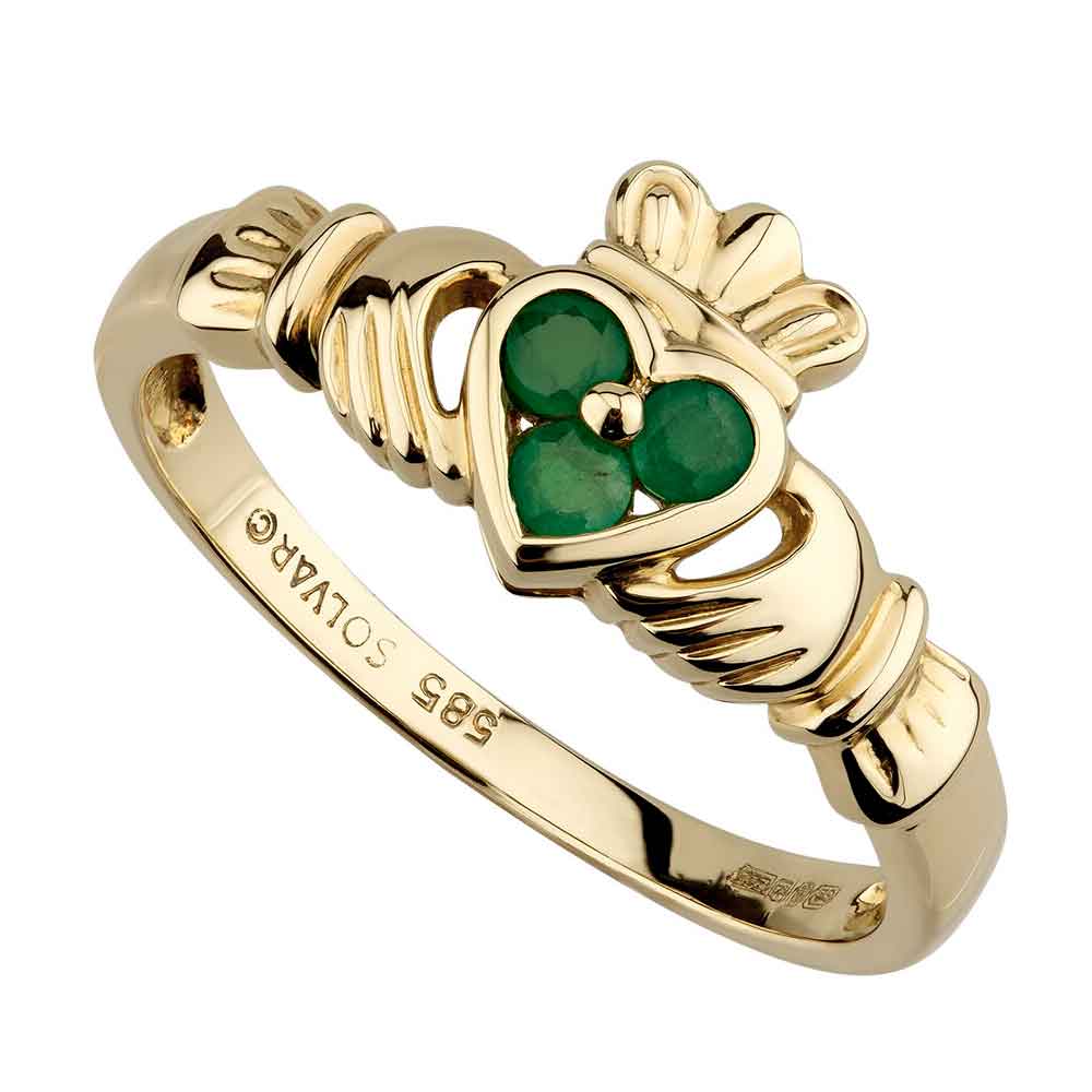 Product image for Claddagh Ring - Ladies 14k Yellow Gold with 3 Emerald Heart Claddagh