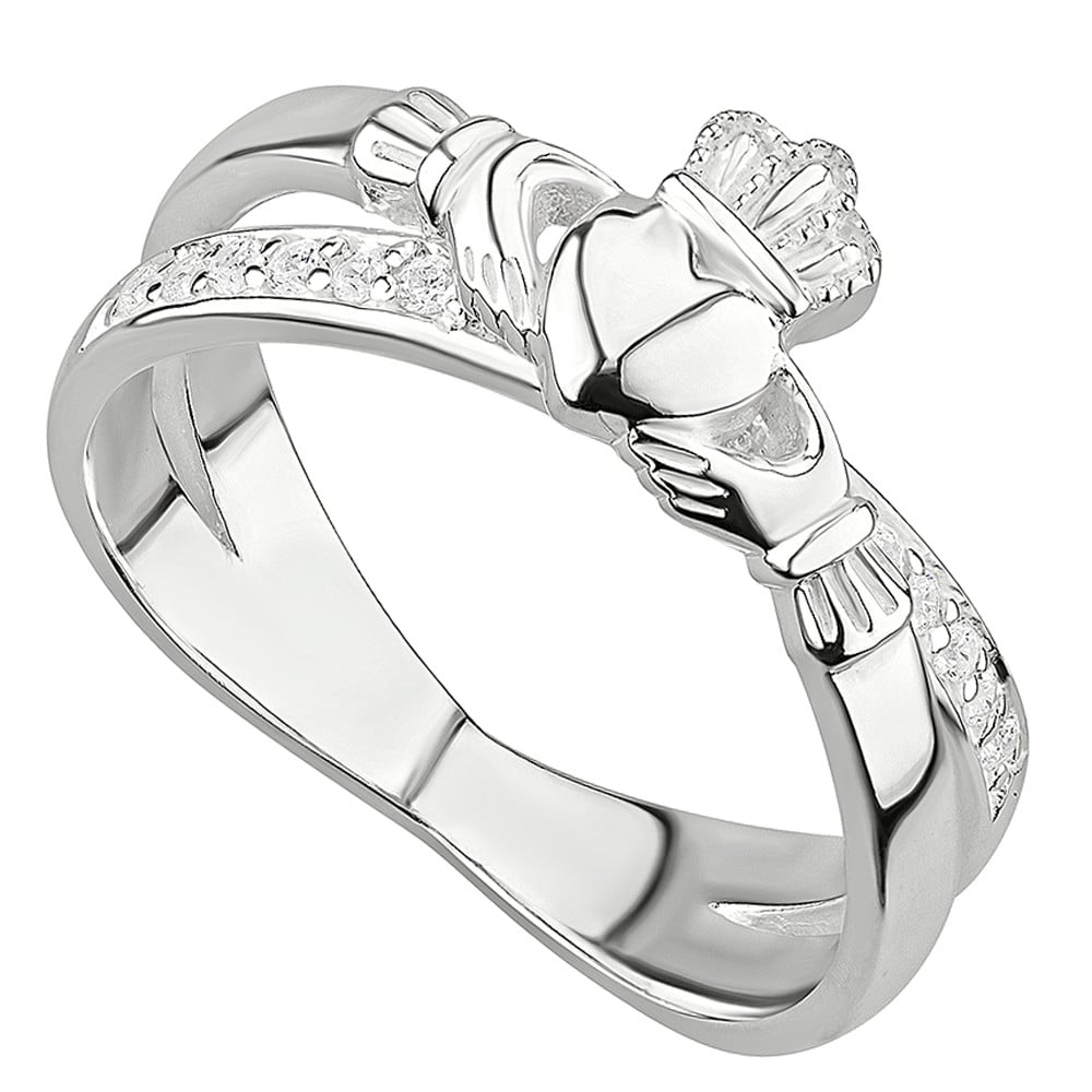 Product image for SALE | Irish Rings | Sterling Silver Ladies Crystal Crossover Claddagh Ring