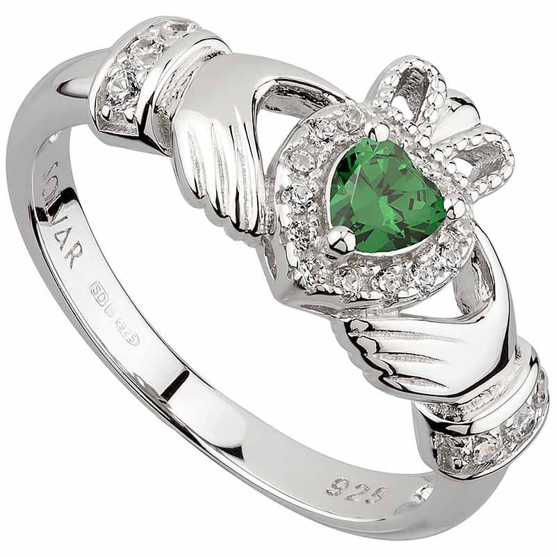 Product image for Irish Rings | Sterling Silver Ladies Green Crystal Heart Claddagh Ring