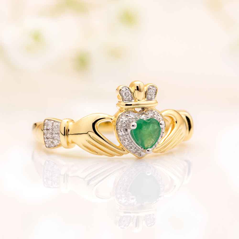 Product image for Irish Rings | 14k Gold Diamond and Emerald Ladies Claddagh Ring