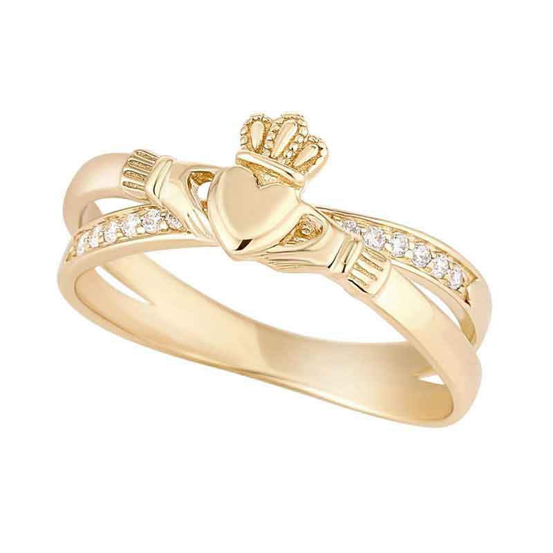 Product image for Irish Ring | 9k Gold Cubic Ziconia Crossover Claddagh Ring