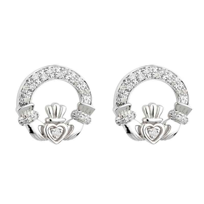 Product image for Irish Earrings - 14k White Gold Diamond Claddagh Earrings