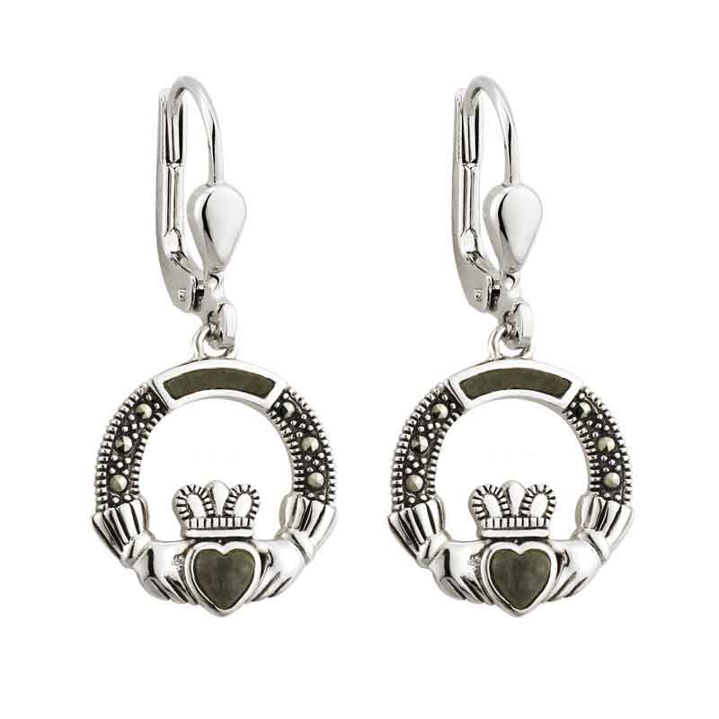 Product image for Claddagh Earrings - Sterling Silver Marcasite & Connemara Marble Claddagh Drop Earrings