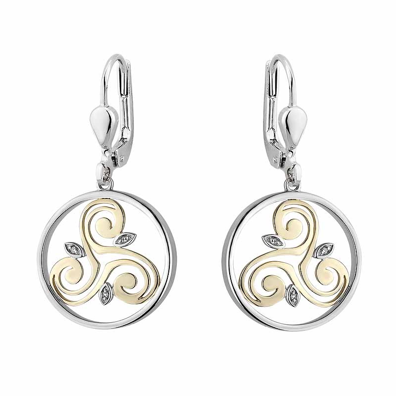 Product image for Irish Earrings | Diamond Sterling Silver and 10k Yellow Gold Round Celtic Spiral Triskele Earrings