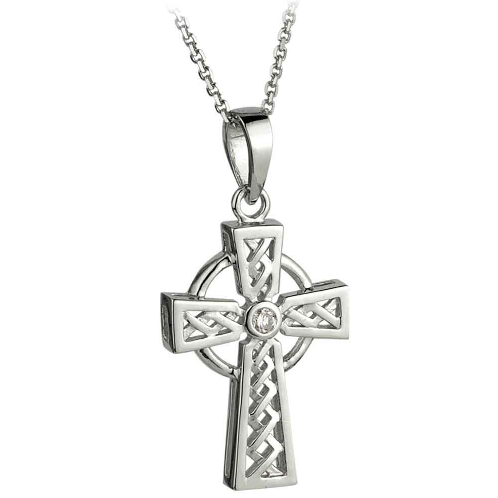 Product image for Celtic Pendant - 14k White Gold and Diamond Celtic Cross Pendant with Chain