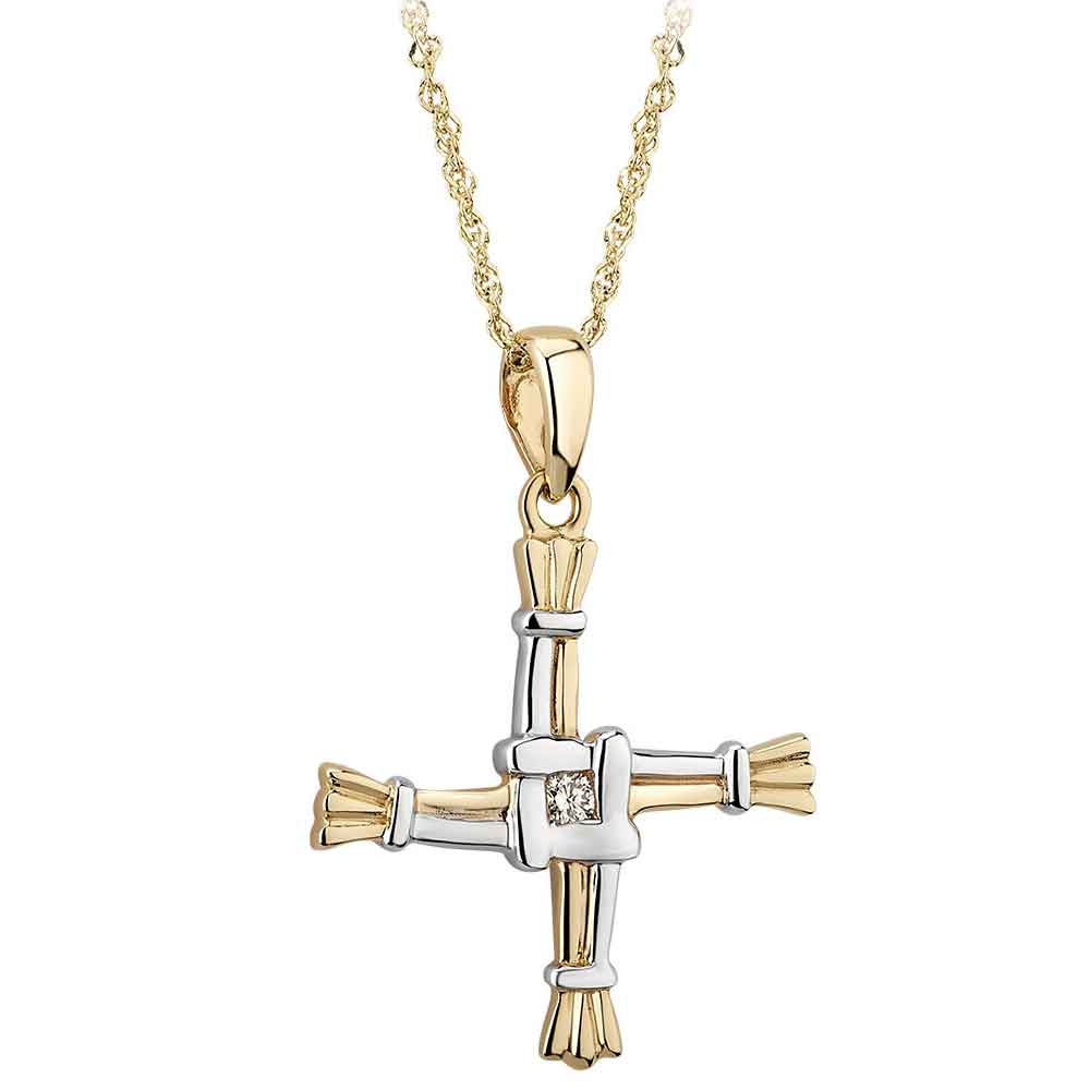 Product image for Irish Necklace - 14k Two Tone Gold and Diamond St. Bridget's Cross Pendant with Chain