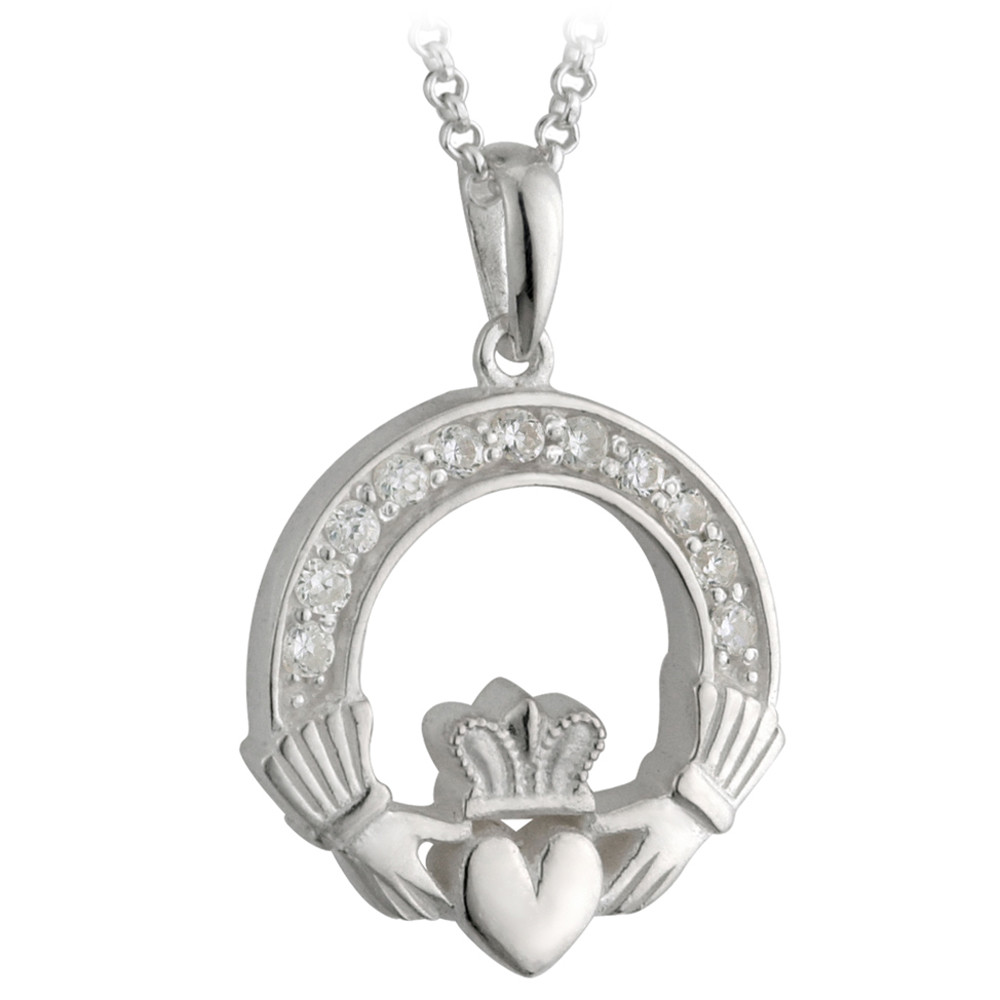 Product image for Irish Necklace | Sterling Silver Crystal Claddagh Pendant