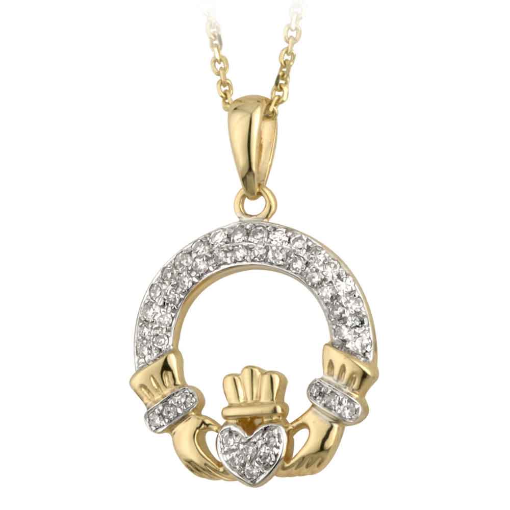 Product image for Irish Necklace - 14k Gold and Micro Diamond Claddagh Pendant with Chain