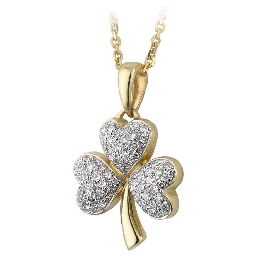 Product image for Irish Necklace - 14k Gold and Micro Diamond Shamrock Pendant with Chain