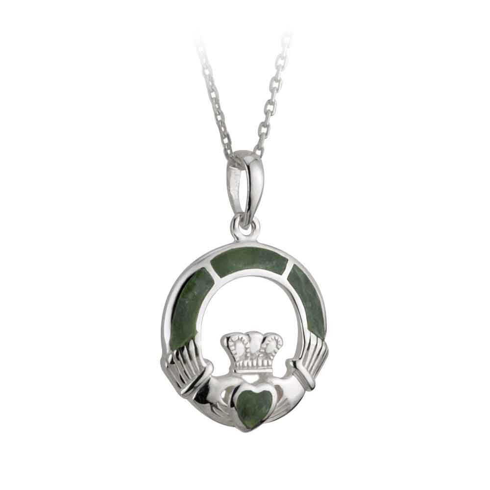 Product image for Irish Necklace - Sterling Silver and Connemara Marble Claddagh Pendant with Chain