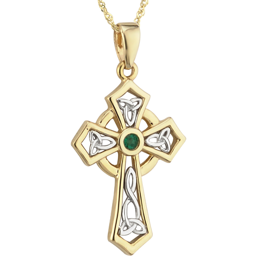 Product image for Irish Necklace | 14k Two Tone Gold Emerald Trinity Knot Celtic Cross Pendant
