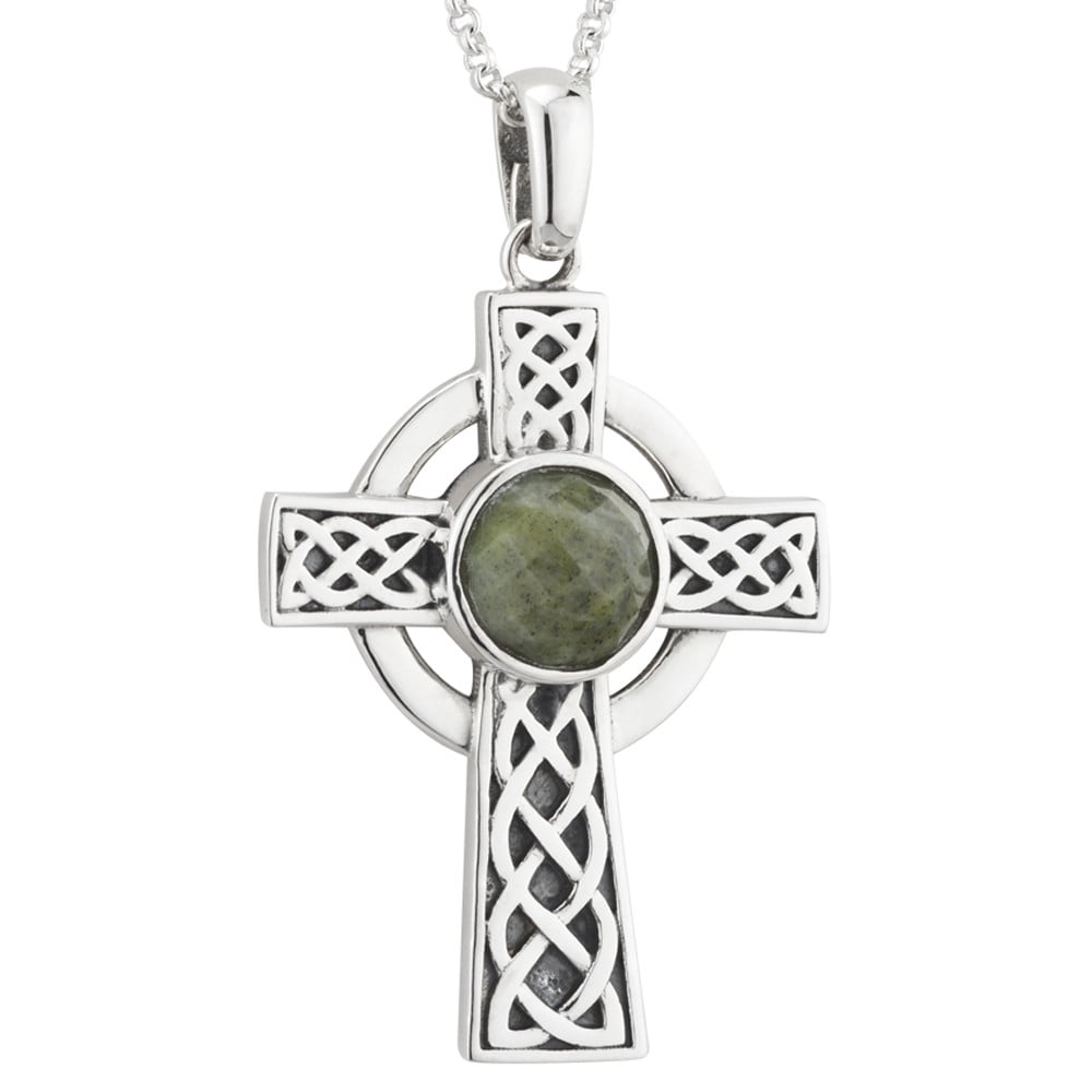 Product image for Irish Necklace | Sterling Silver Connemara Marble Celtic  Knot Cross Pendant