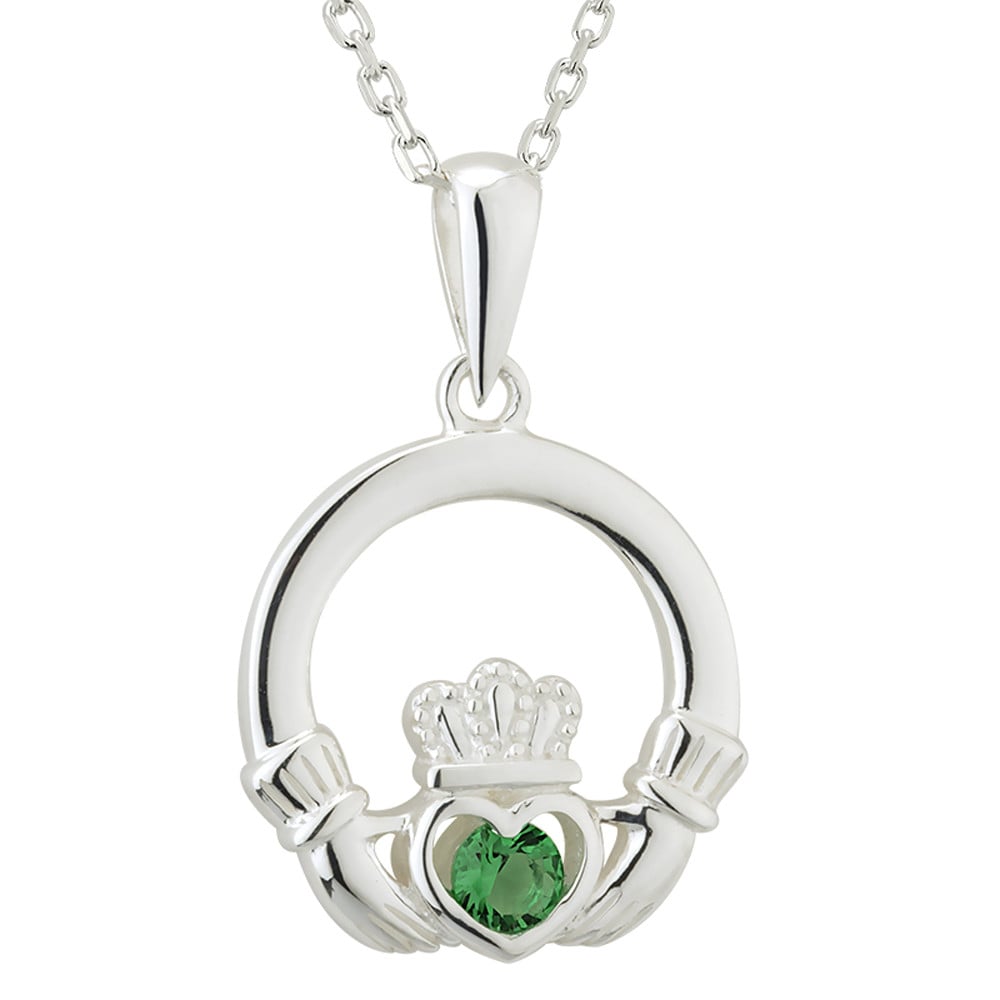 Product image for Claddagh Necklace - Sterling Silver Green Crystal Irish Pendant