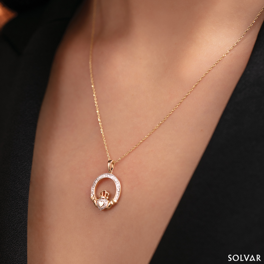 Product image for Irish Necklace | 10k Gold Heart Diamond Claddagh Pendant