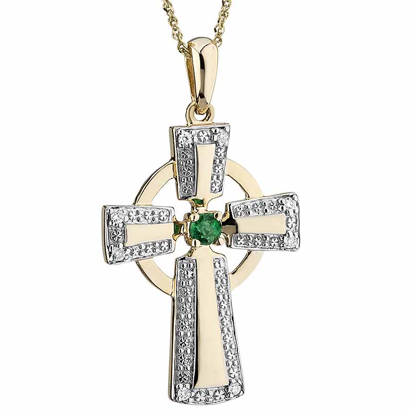 Product image for Irish Necklace | 14k Yellow & White Gold Diamond Emerald Celtic Cross Pendant