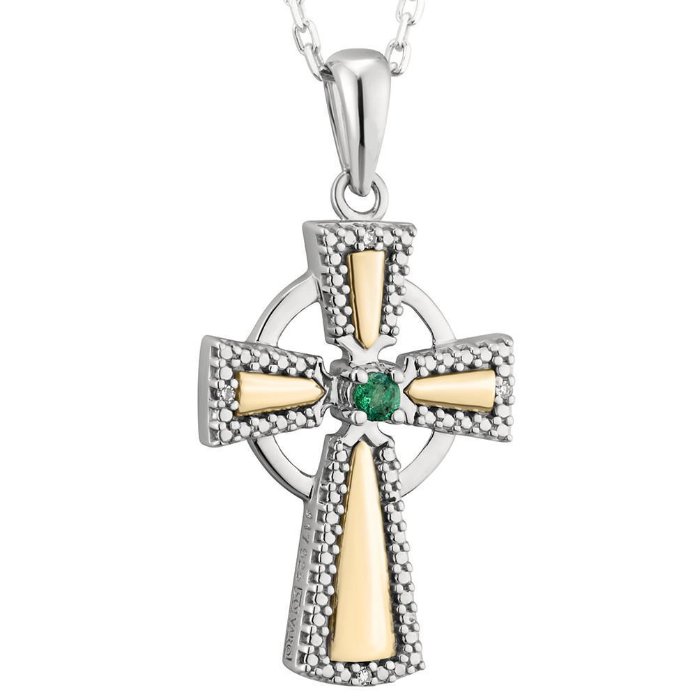 Product image for Irish Necklace | 10k White & Yellow Gold Diamond & Emerald Celtic Cross Pendant