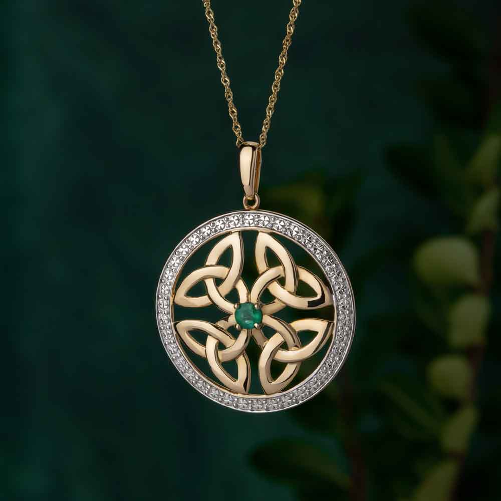 Product image for Irish Necklace | 10k Gold Emerald & Circle Trinity Knot Celtic Pendant