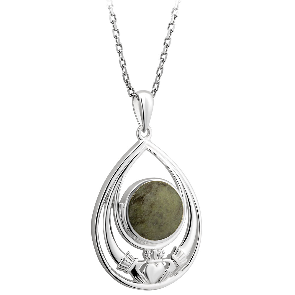 Product image for Irish Necklace | Sterling Silver Connemara Marble Dome Claddagh Pendant
