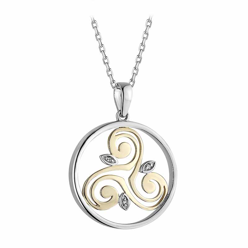 Product image for Irish Necklace | Diamond Sterling Silver and 10k Yellow Gold Round Celtic Spiral Triskele Pendant