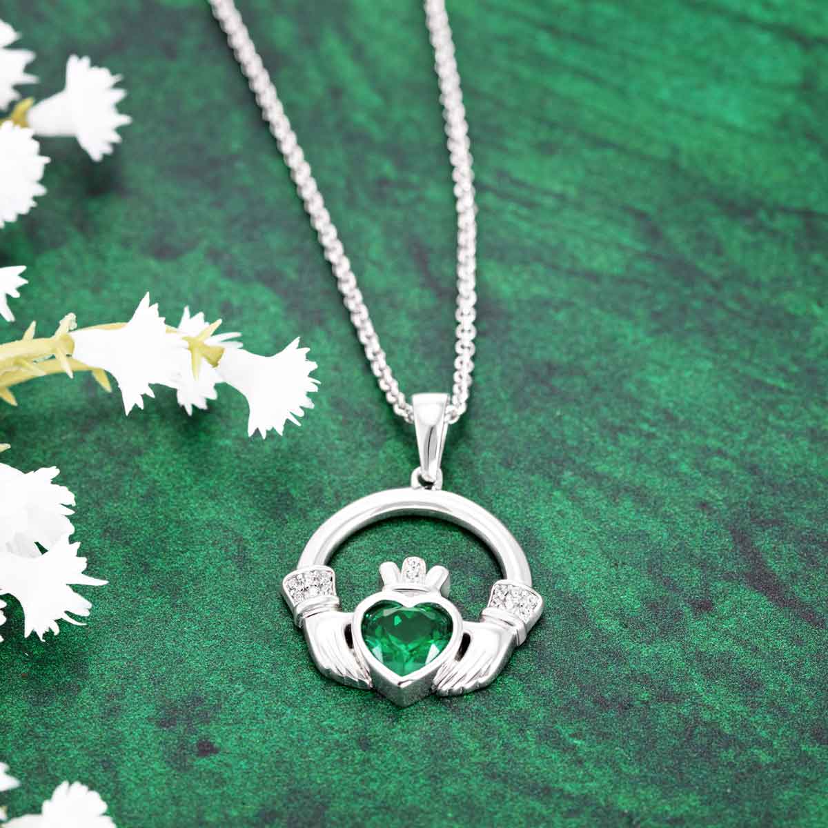 Product image for Irish Necklace | Sterling Silver Large Green Crystal Heart Claddagh Pendant