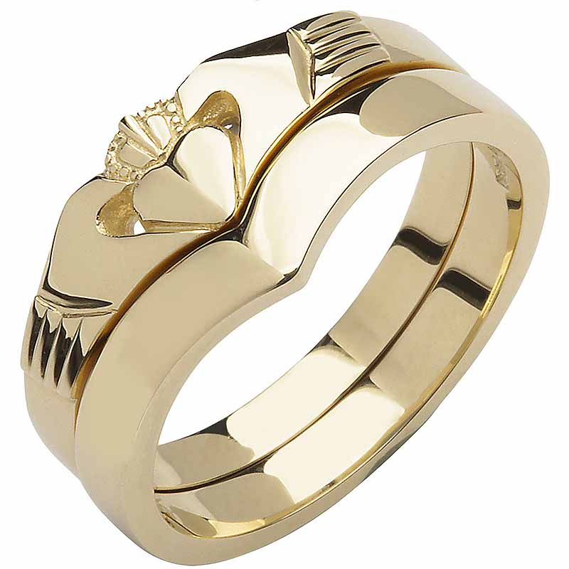 Product image for Irish Wedding Band - 10k Yellow Gold Ladies Elegant Two Piece Wishbone Claddagh Ring