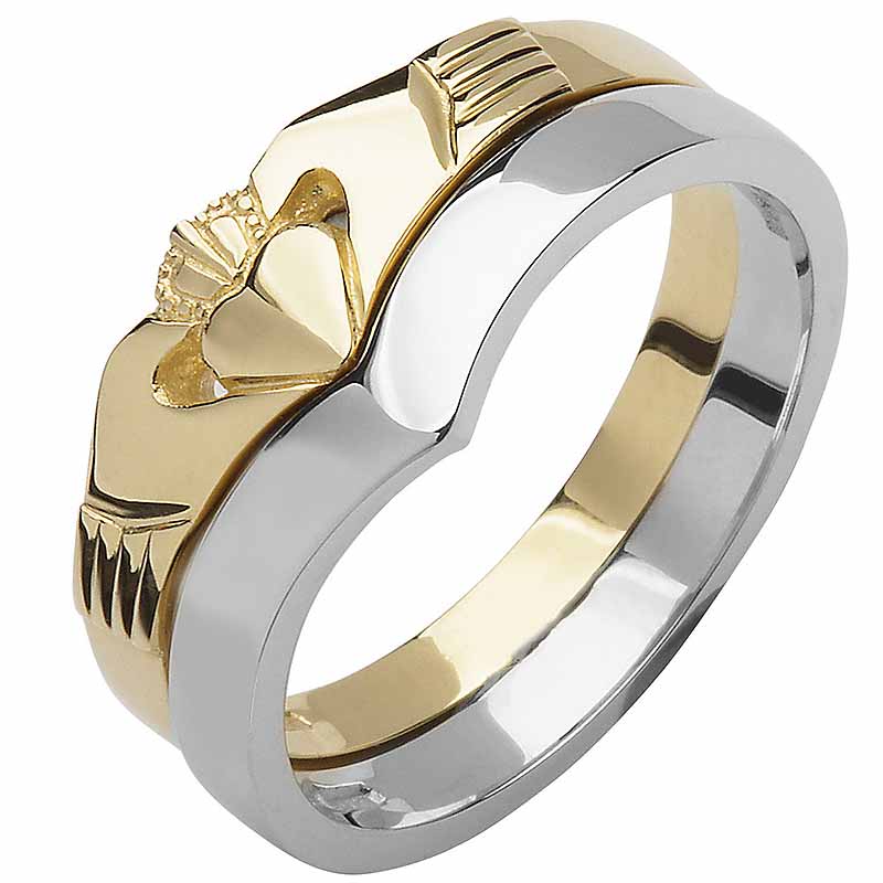 Product image for Irish Wedding Band - 10k Yellow and White Gold Ladies Elegant Two Piece Wishbone Claddagh Ring